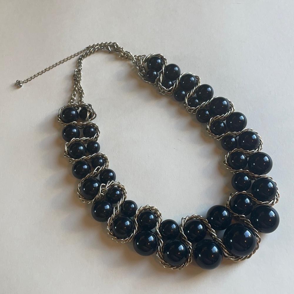 Black Bead & Gold Swirl Statement Necklace